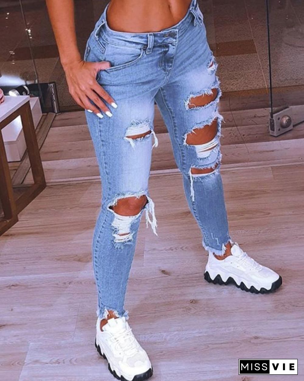 Fringe Hem Cutout Distressed Denim Pants P12077