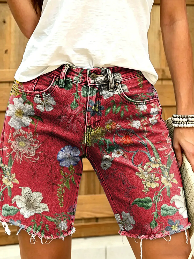 Vintage Ethnicity Flowers Women's Art Print Casual Denim Shorts