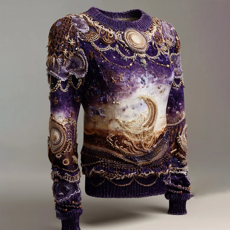 Halloween Mystical Celestial Glitter Moon & Stars Cozy Knit Sweater
