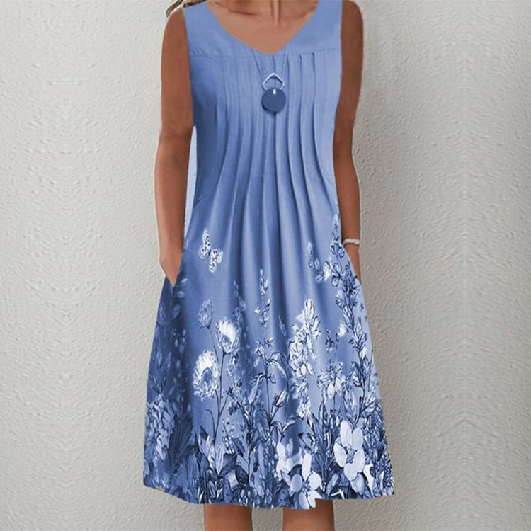 Blue Skies Sleeveless Pleated Flower Knee-Length Mini Dress