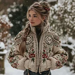 Women's Vintage Ethnic Floral And Viking Vegvisir Art Zipper Cardigan - Image 2