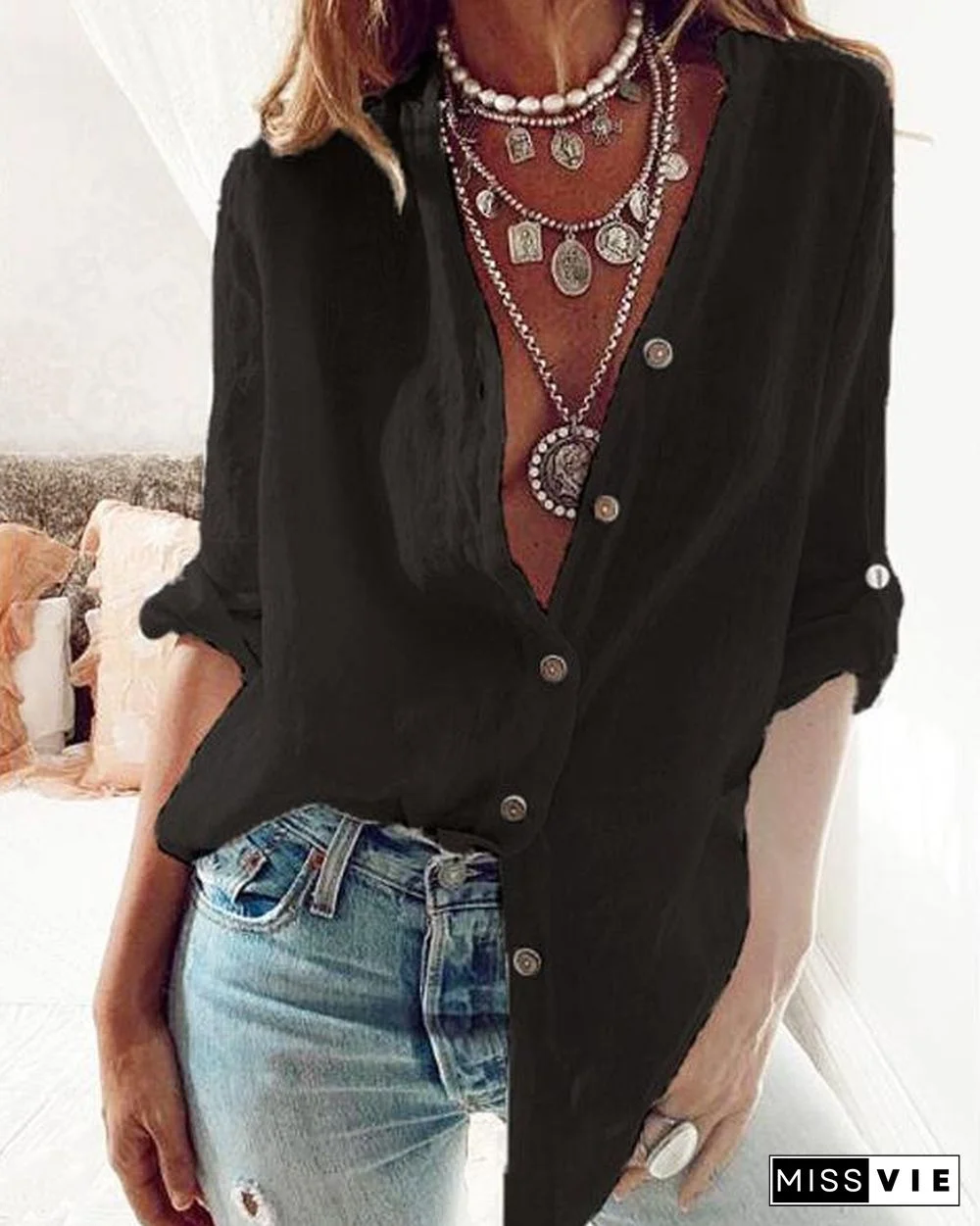 Solid Casual V-Neckline Long Sleeve Blouses