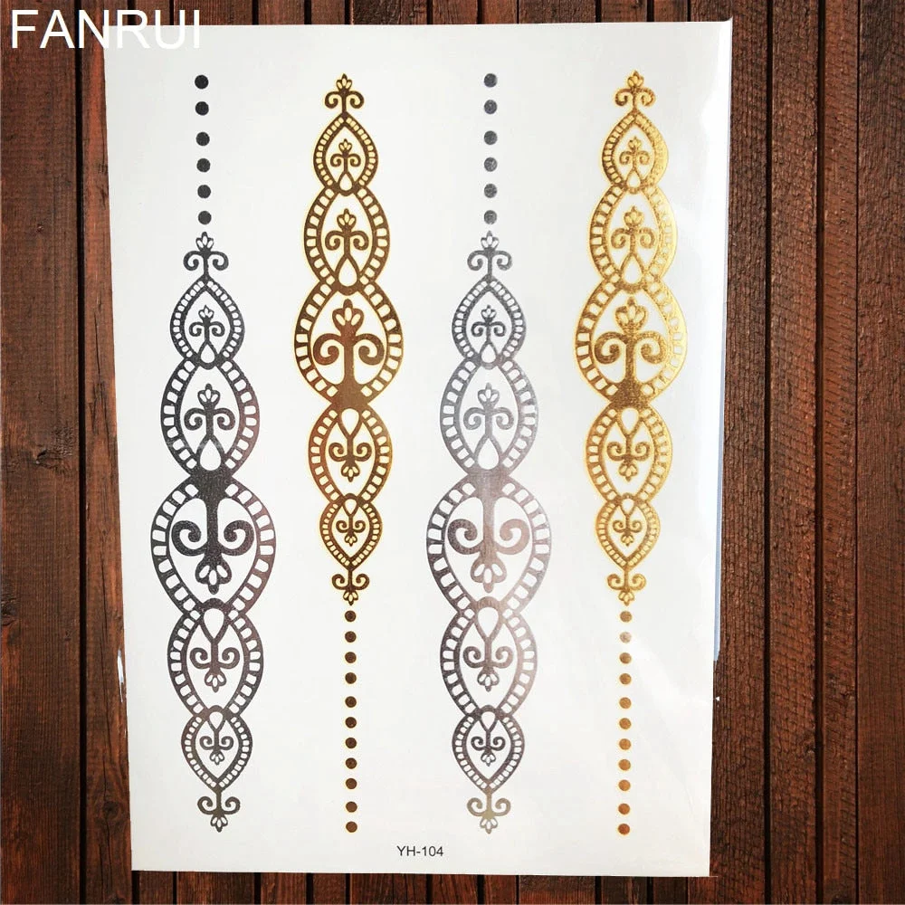 Golden Metallic Bracelet Temporary Tattoo Henna Mandala Flower Girl Tattoo Stickers Indian Chain Women Arm Flash Fake Tatoos Leg