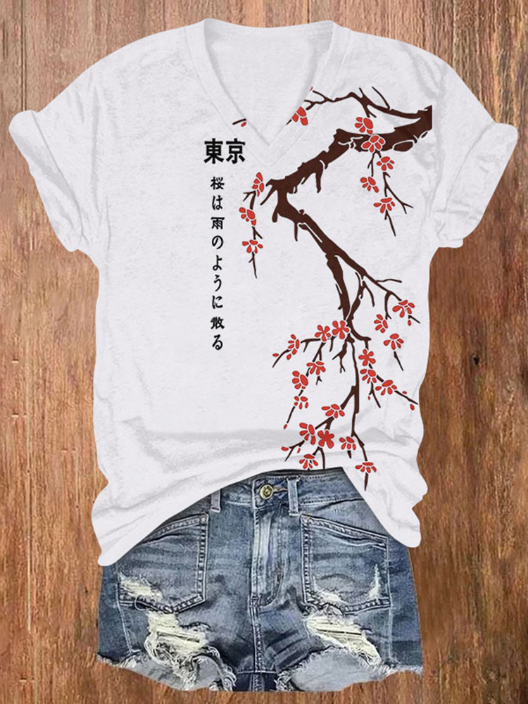 Comstylish Tokyo Japanese Cherry Blossoms Print V-Neck T-Shirt