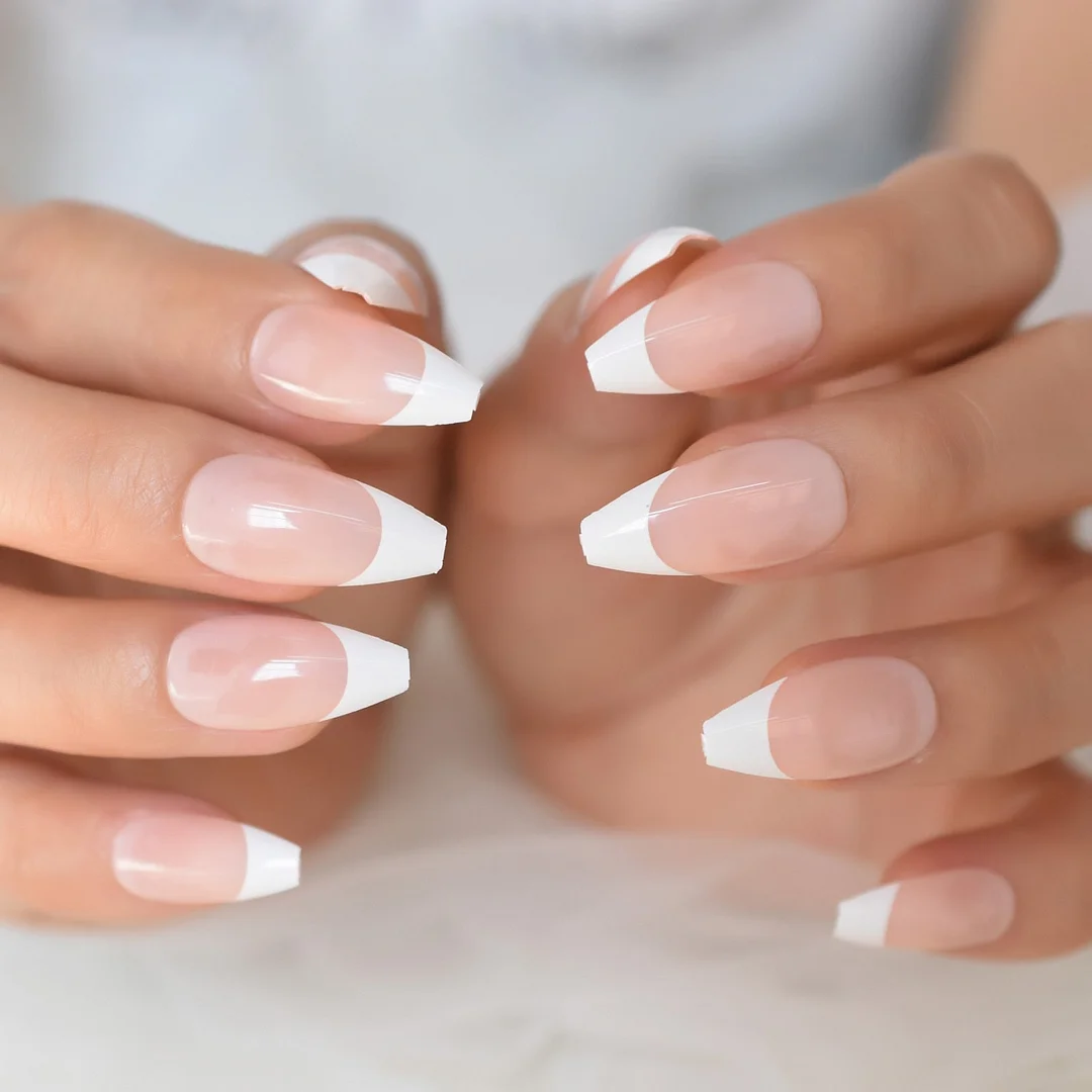 Extra Long Ballerina Faux Ongles White Hypotenuse Line Decorative French Nail Art Tips Nude Pink Base Manicure Tip 24-Nail Inspo