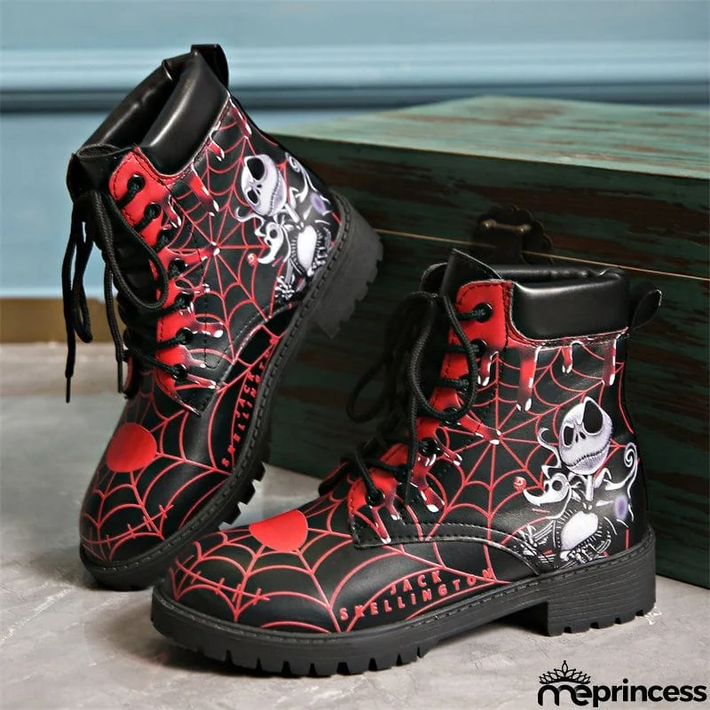 Halloween Element Printed Women's Lace-up Round Toe Martin Boots