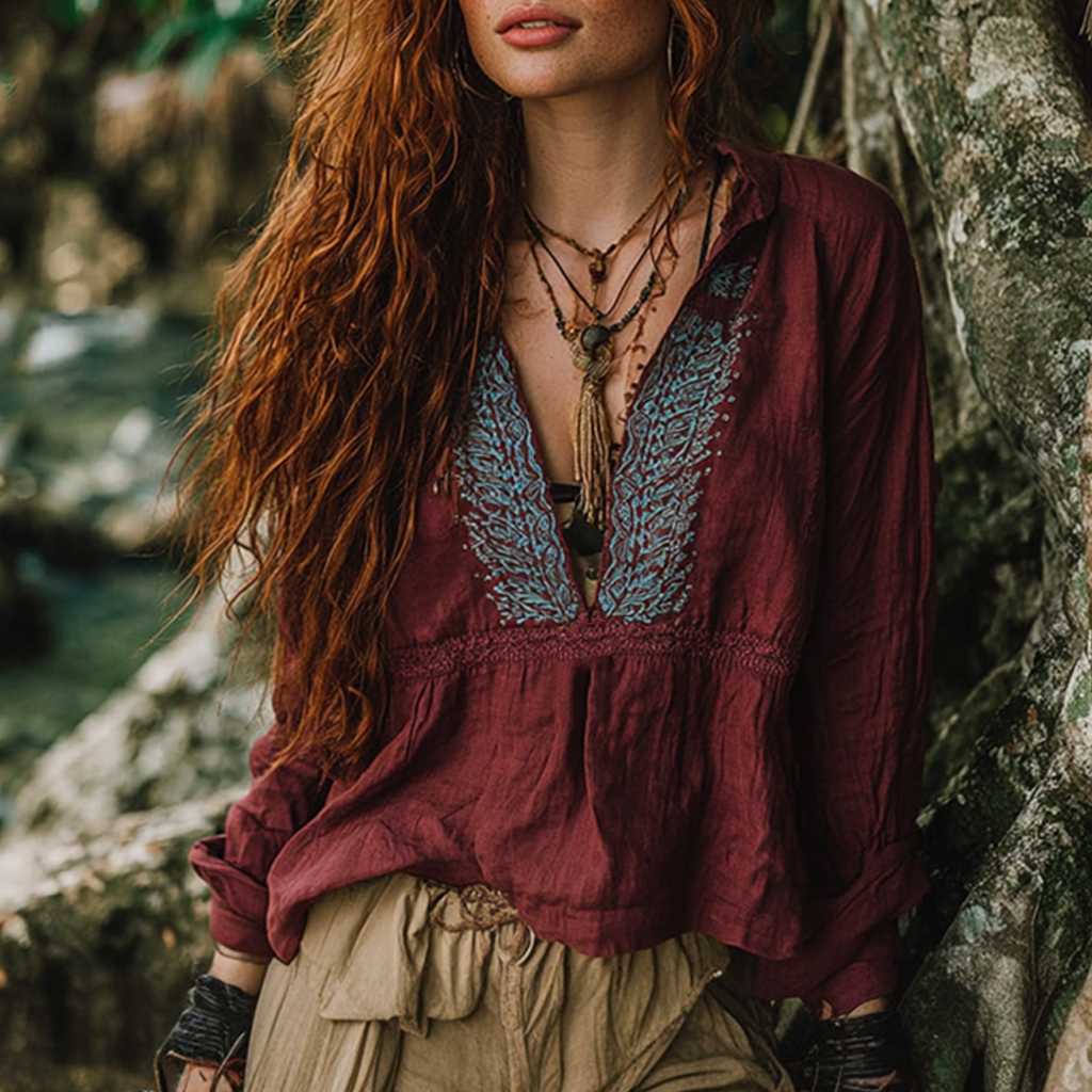 Women's Bohemian Vacation Retro Embroidered Printed Casual Long Sleeve Top