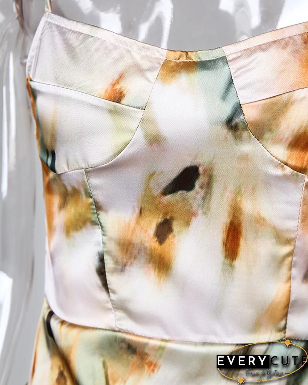 Abstract Print Spaghetti Strap High Slit Ruched Dress P10026