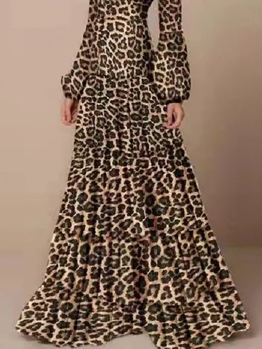 Stylish high-waisted puff-sleeve print dress