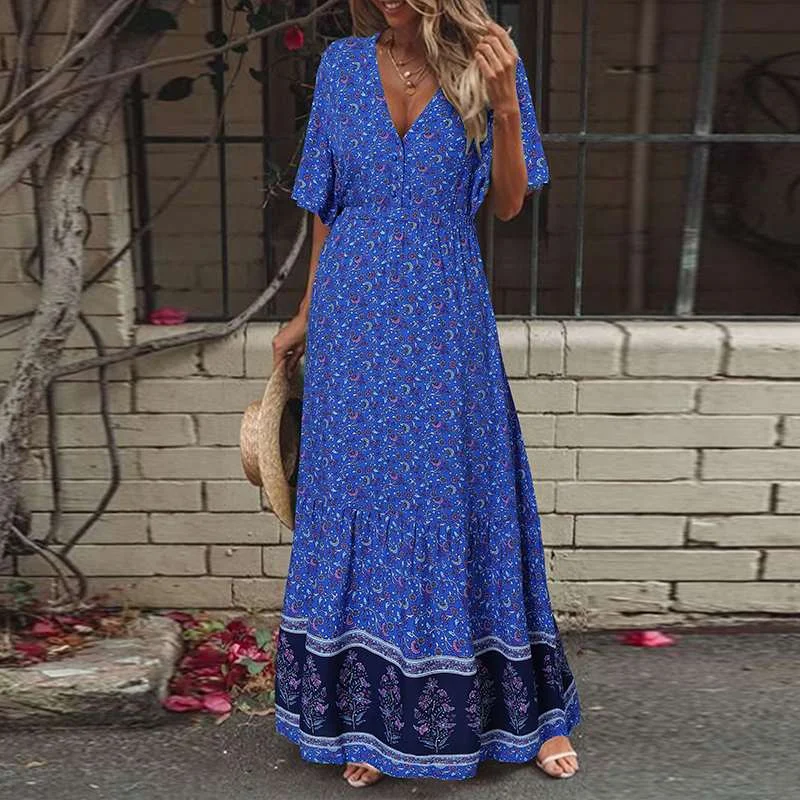 Women Bohemian Holiday Sundress ZANZEA Summer Floral Printed Beach Dress Robe Femme V Neck Short Sleeve Maxi Long Vestido Kaftan