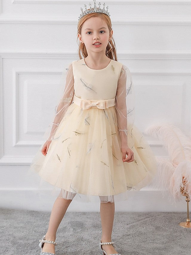 Half Sleeve Jewel Neck Flower Girl Dress with Lace Tulle Sash Ribbon Bow and Solid Color