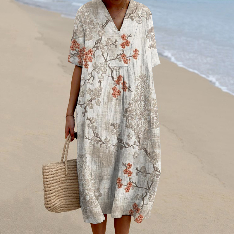 Comstylish Vintage  Floral Print V-Neck Short Sleeved Midi Dress