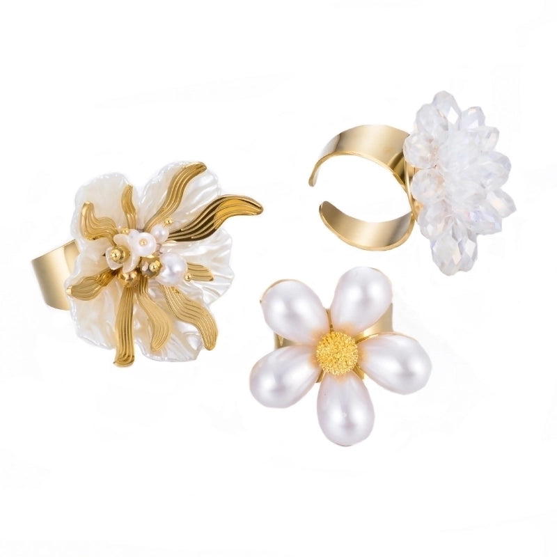 Minimalist Classic Style Flower 304 Stainless Steel Pearl Rings In Bulk