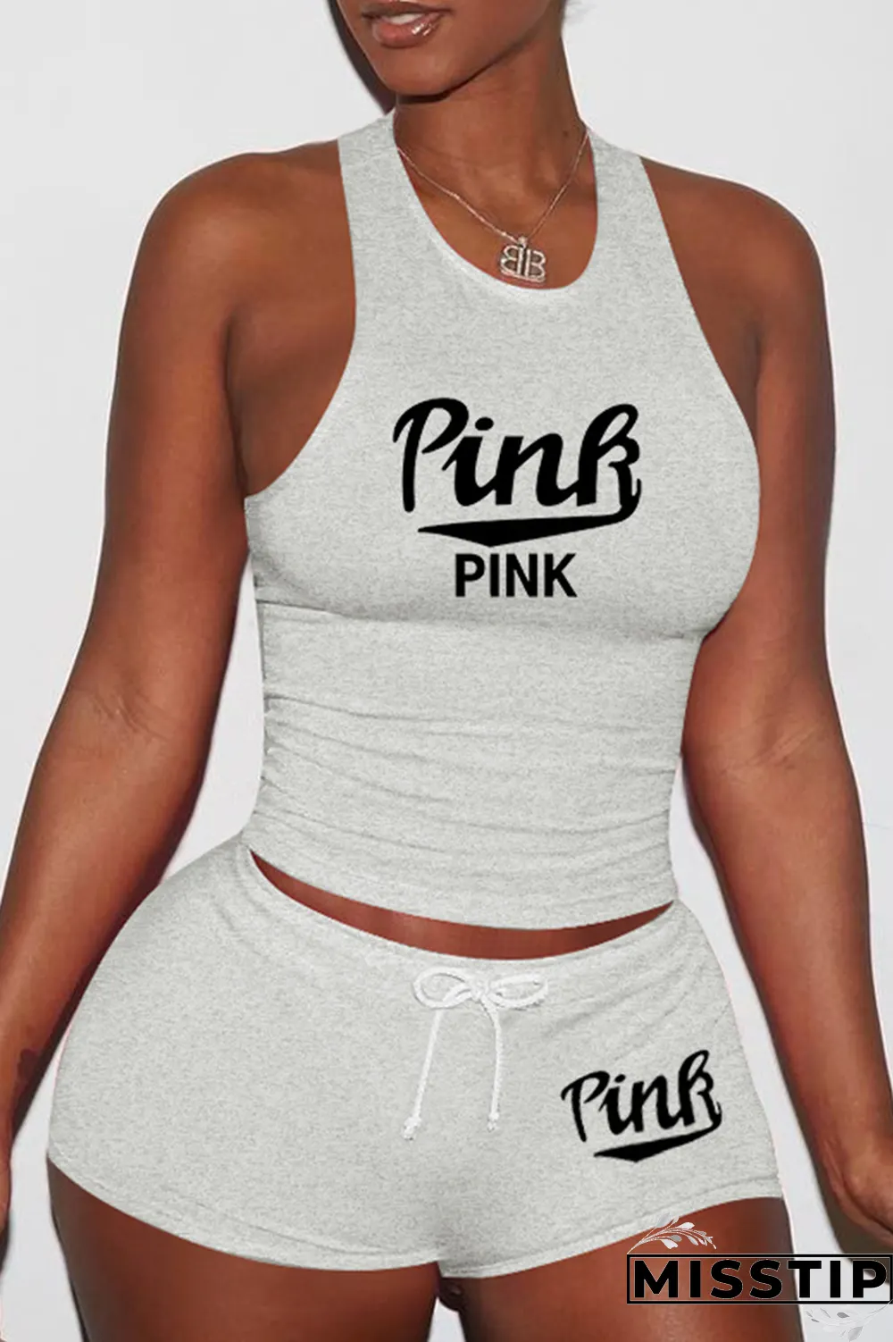 Pink Sexy Print Patchwork U Neck Sleeveless Two Pieces