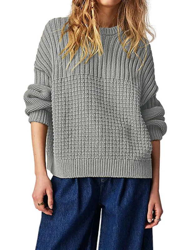 Long Sleeves Loose Solid Color Round-Neck Pullovers Sweater Tops