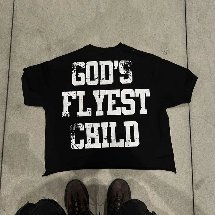 Simpfit Lässige, kurze T-Shirts mit Vintage-Print von God Flyest Child