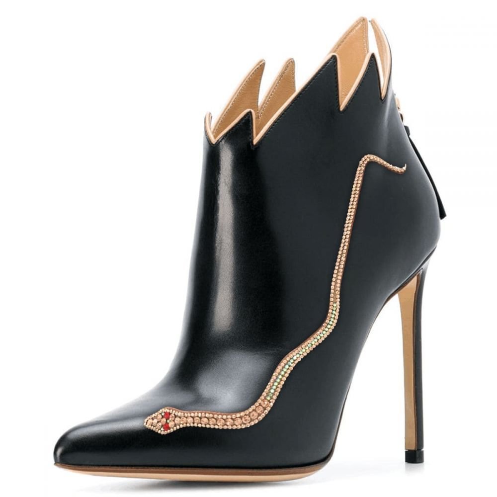 Snake Print Ankle Boots Irregular Cut Stiletto Heel Booties Nicepairs