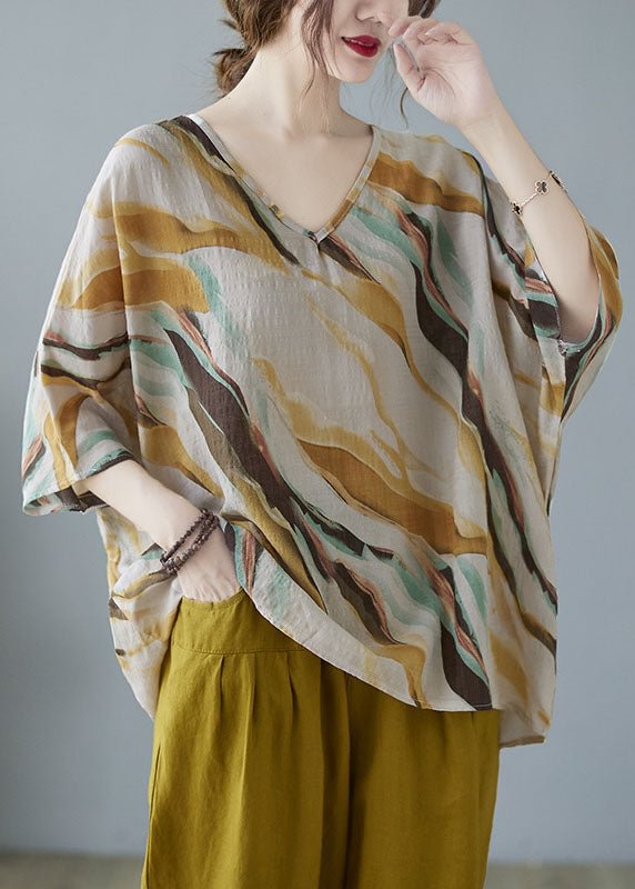 Elegant Yellow V Neck Print Fall Striped Shirt Tops Half Sleeve CK1443- Fabulory