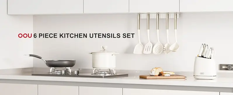 Product Introduction of OOU Magnetic Silicone Cooking Utensils Set with Wall Rack. 6 Pcs Kitchen Utensils Sets for Cooking with Stainless Steel Handle. Heat Resistant 446°F. Non-Scratch for Nonstick Cookware. BPA-Free 10