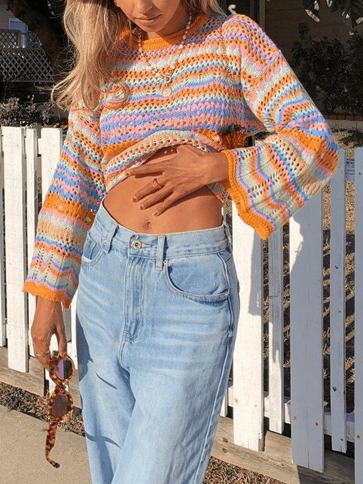 Toloer Rainbow Stripe Crochet Knit Sweater-Outfit Ideas