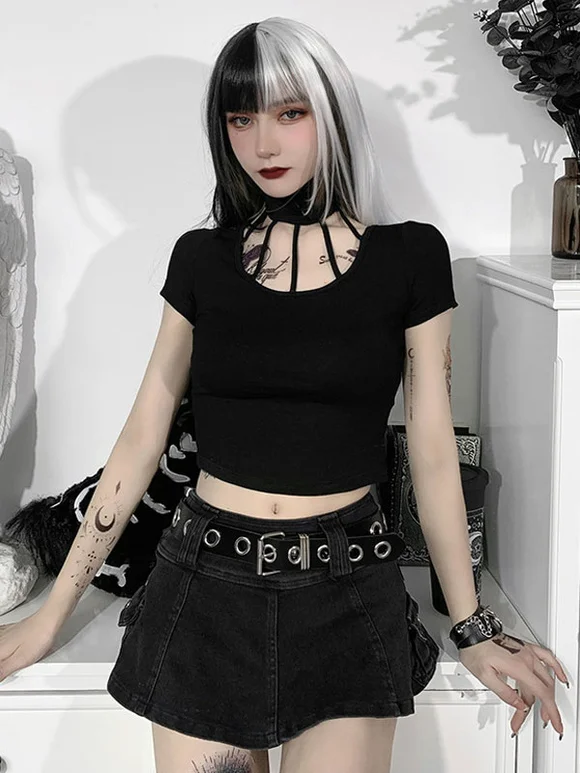 Gothic Black Blouse Short Sleeves High Collar Short Summer Top Novameme
