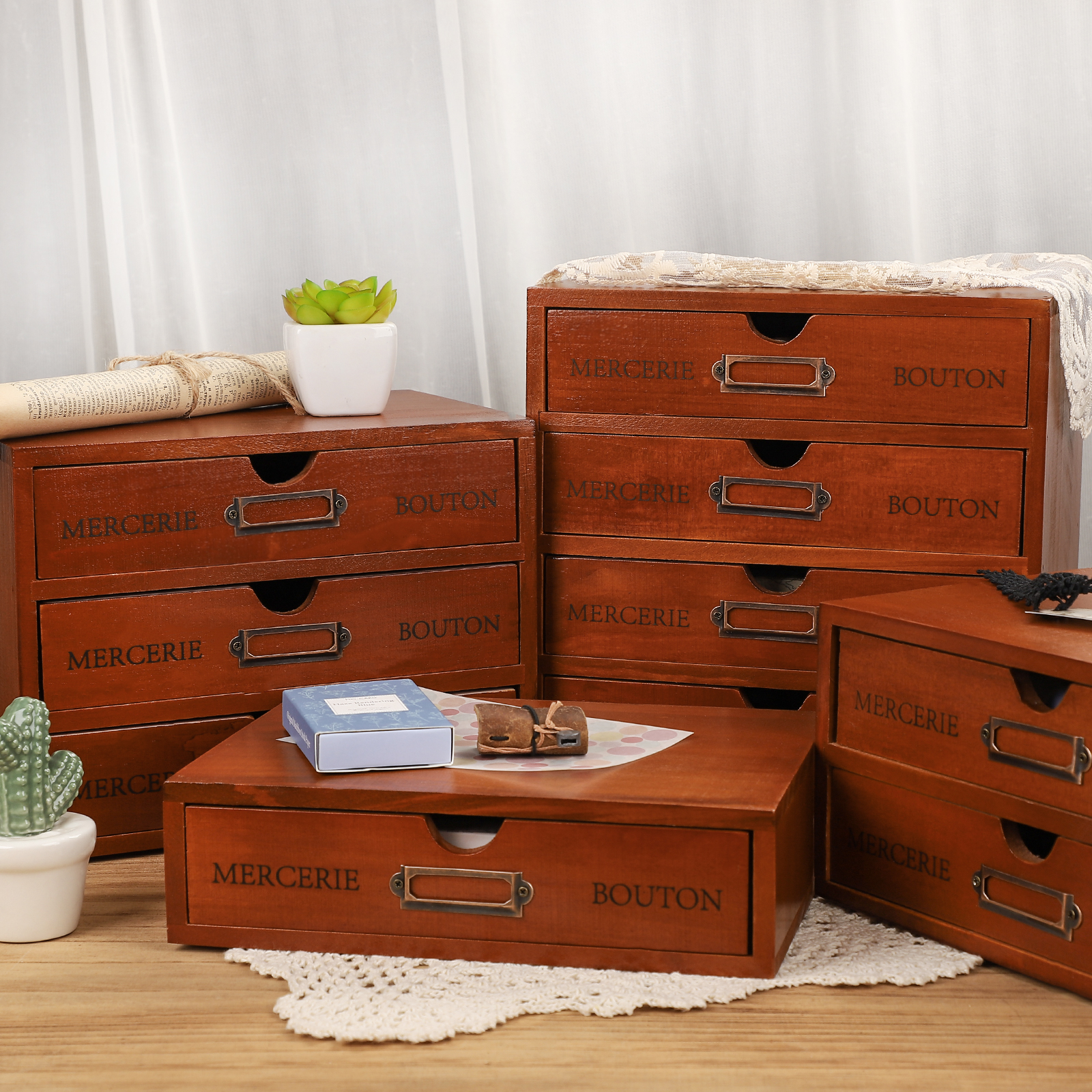 저널세이 빈티지 다층 나무 서랍 수납함