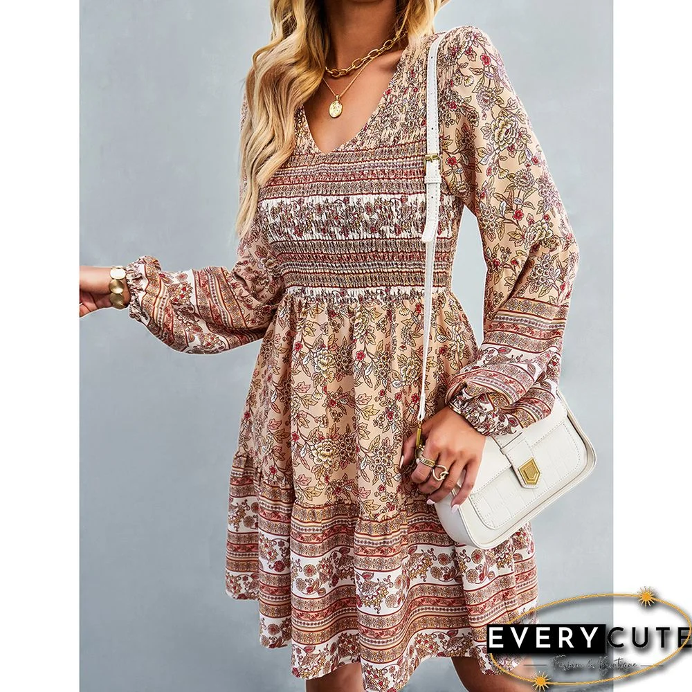 Khaki V Neck Smocked Floral Long Sleeve Boho Dress