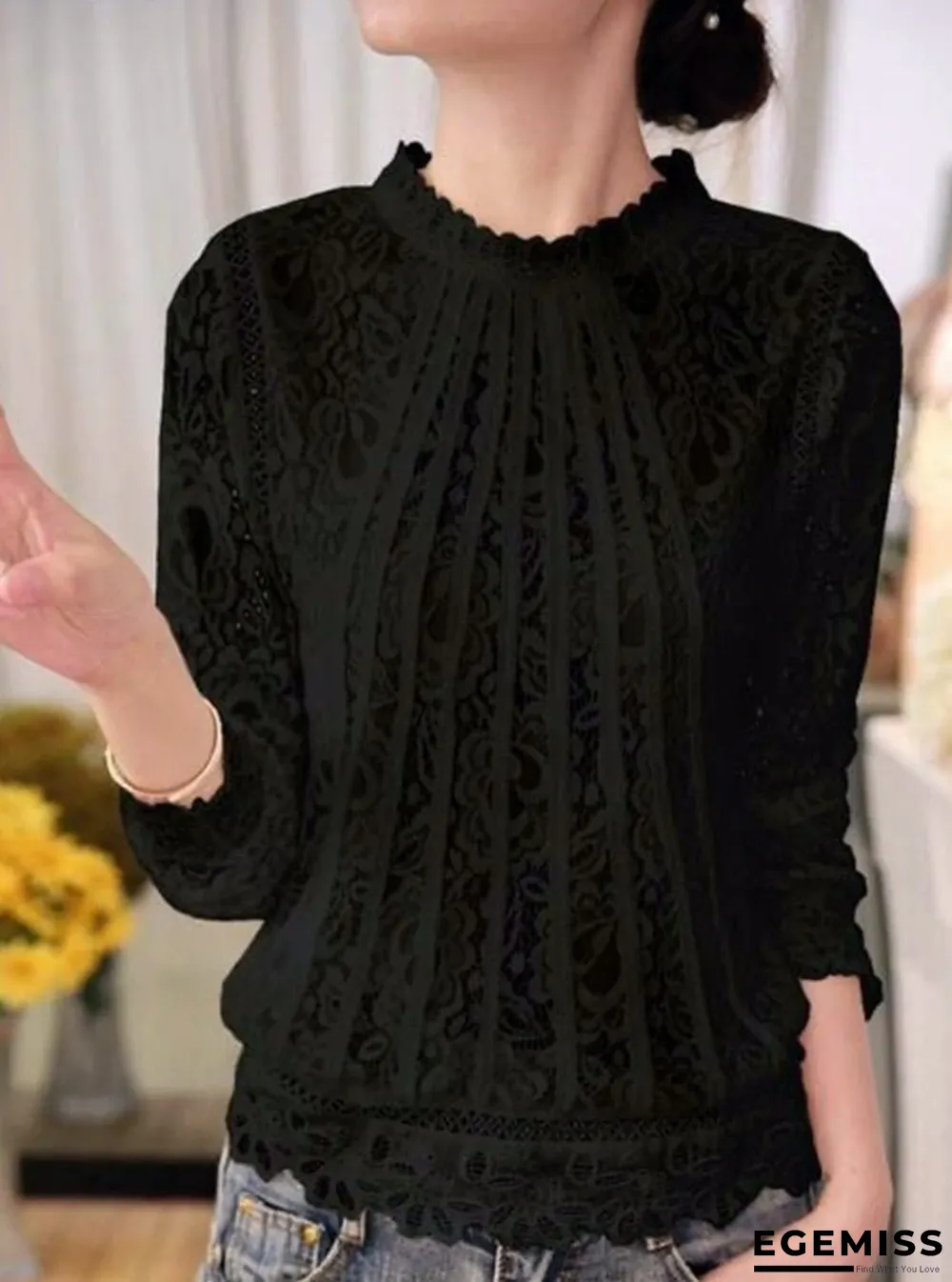 Band Collar Embroidered Lace Blouses | EGEMISS
