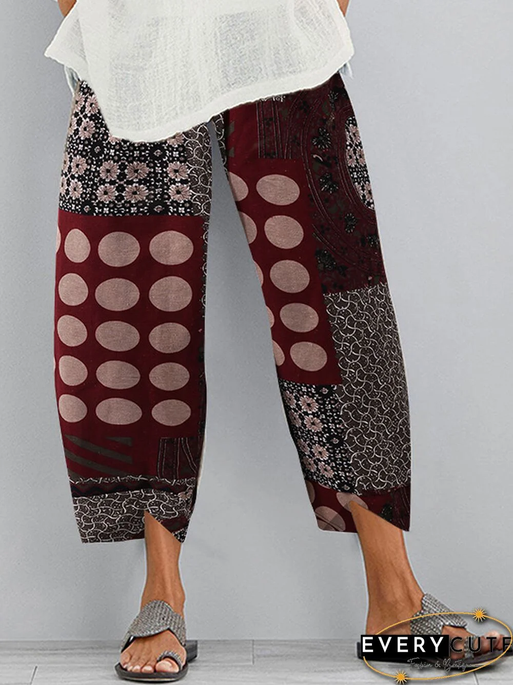 Vintage Print Elastic Waist Casual Pants For Women