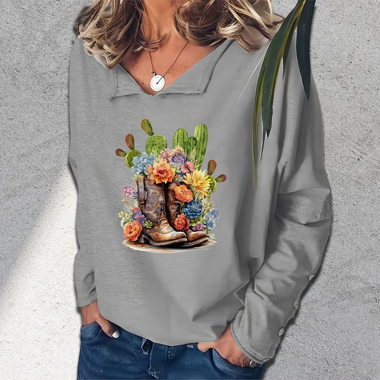 shoe flower and cactus V-neck loose  sweatshirt_G242-0023551