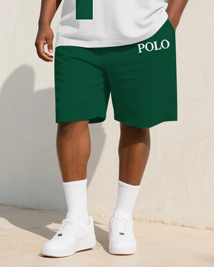 Men's Plus Size Green Geometric Colorblock Letter Print Short Sleeve Polo Shirt Shorts Suit
