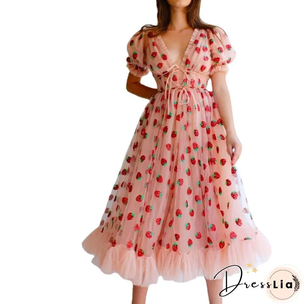 Womens Bubble Sleeve Gauze DressSummer French Long Vintage Women Vestidos Elegantes Para