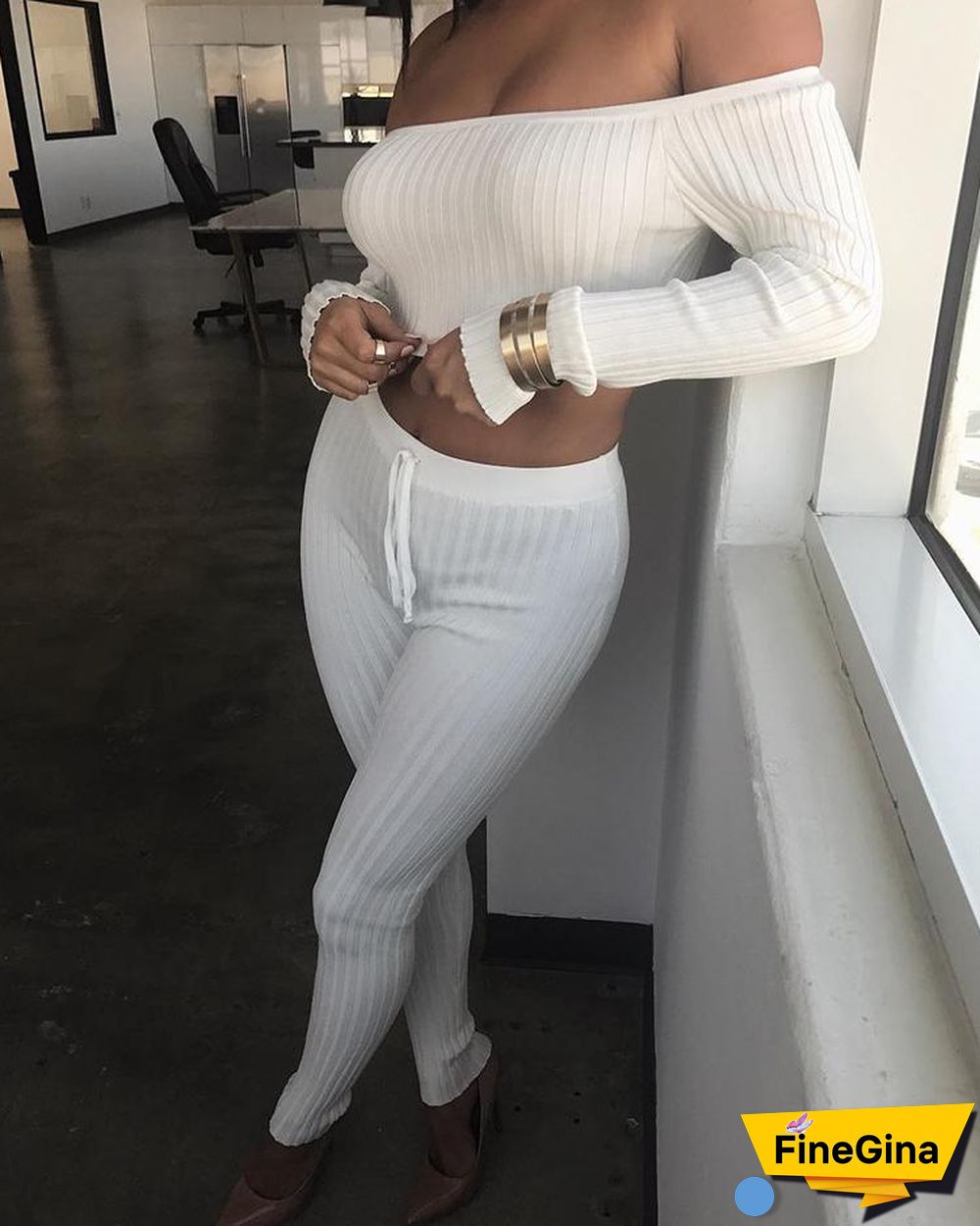 Off Shoulder Rib-knit Crop Top & Pants Sets