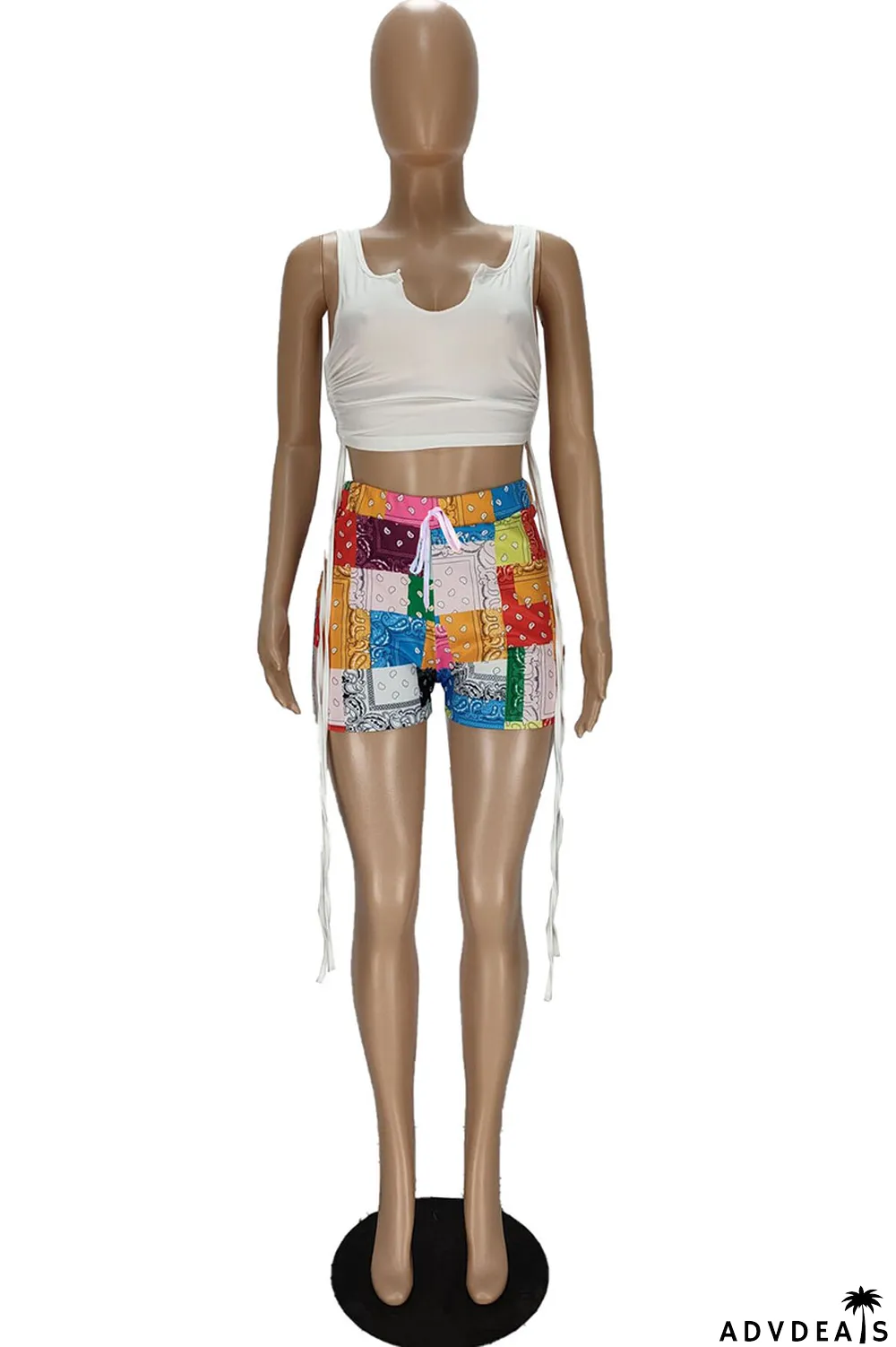 Grey Sexy Print Ripped Contrast Spaghetti Strap Sleeveless Two Pieces