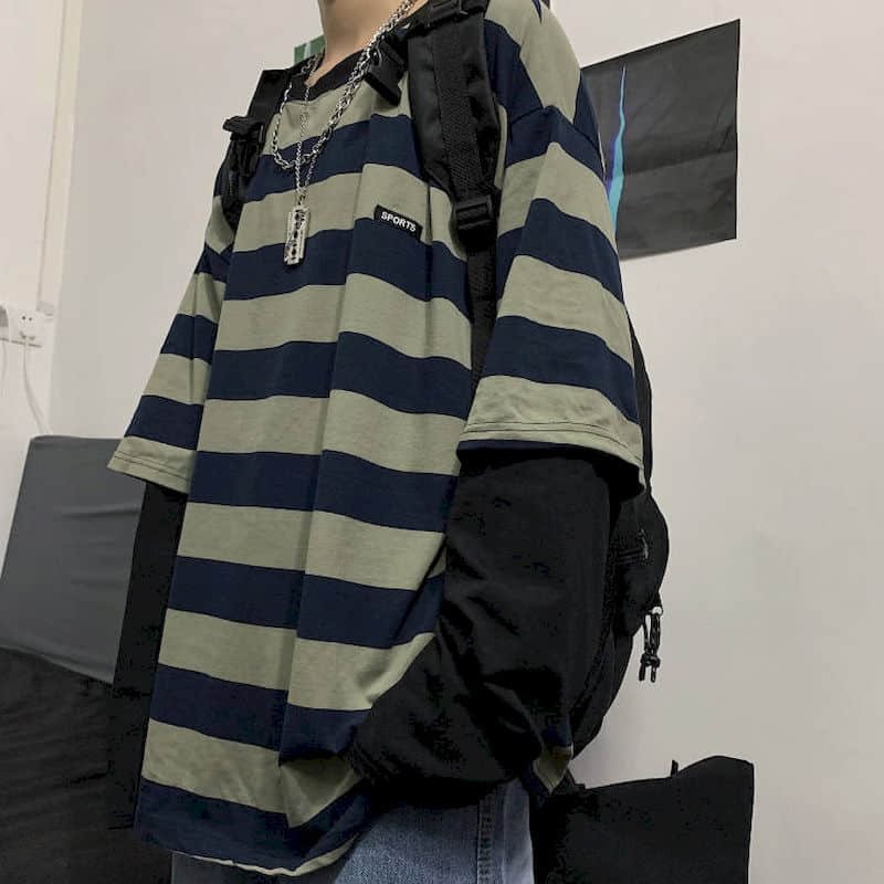 Autumn Korean Oversized Tshirt Women T Shirt Men Loose Harajuku BF Retro Striped Fake Two-piece Long-sleeved T-shirt Student Top