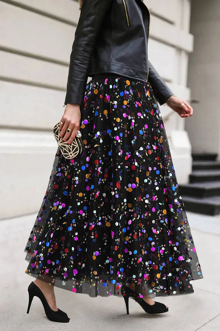 Plus Size Semi Formal Skirts Elegant Black Fall Winter Sequin Mesh Skirts [Pre-Order]