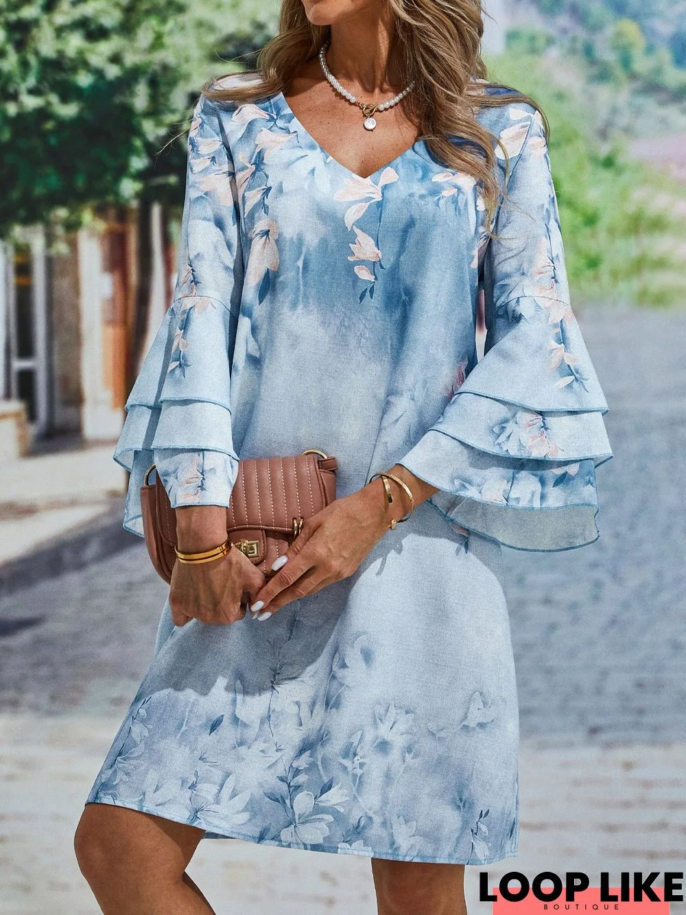 Floral Printed 3/4 Sleeve V Neck Casual Tunic Dress