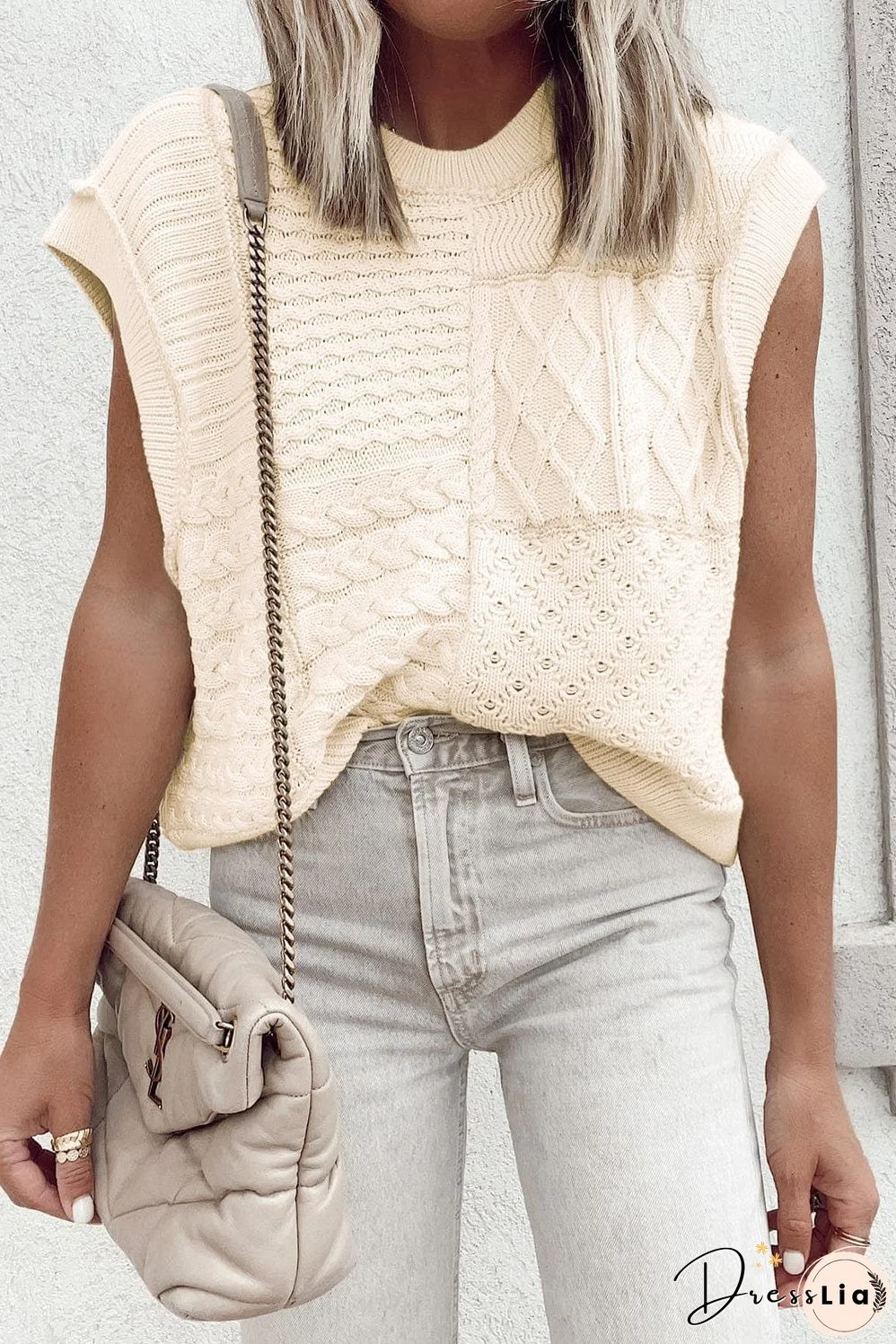 Beige Slouchy Cable Knit Dolman Sleeveless Sweater Vest