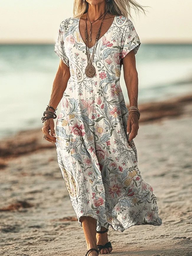 Womens Elegant Floral Pattern Pattern Floral Pattern Print Pocket Cotton Dress