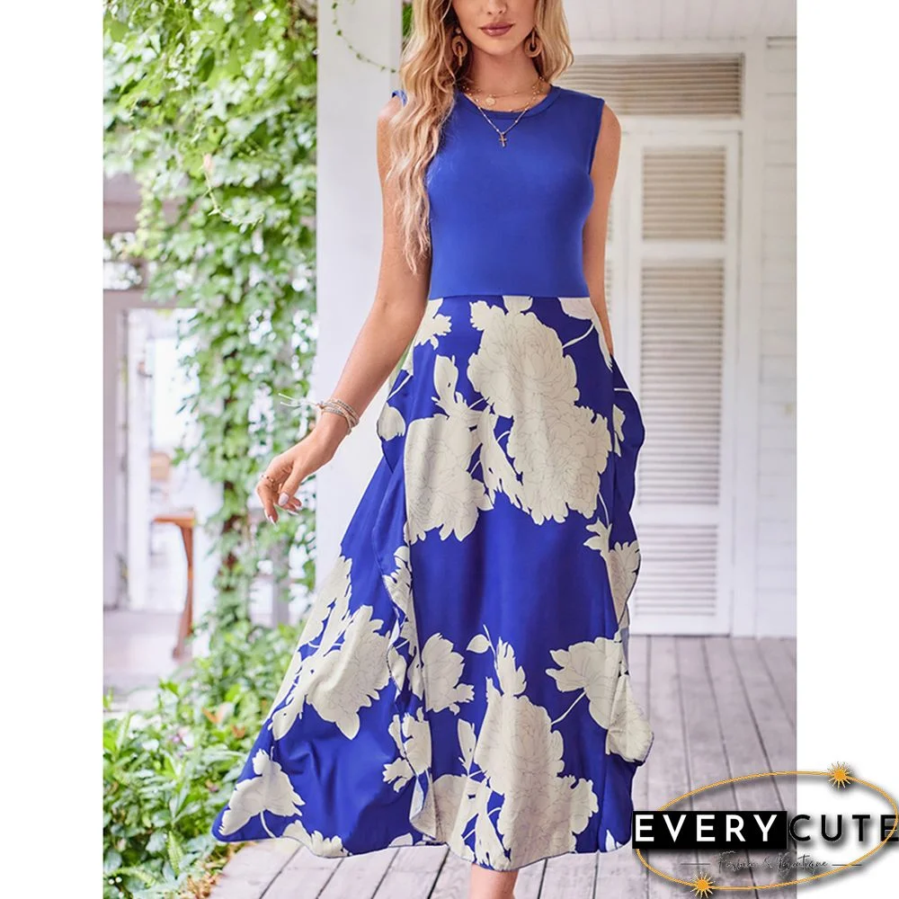 Blue Sleeveless Print Dress with Split
