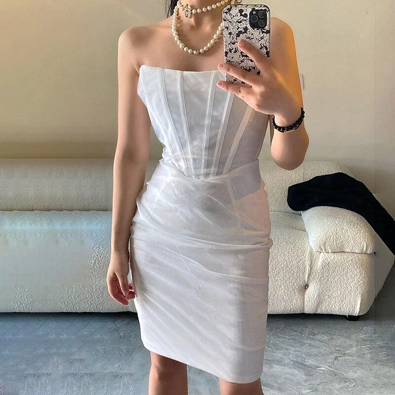 ABEBEY Elegant White Dress For Women Slash Neck Sleeveless High Waist Ruched Mini Dresses Female Summer Fashion 2023 Style