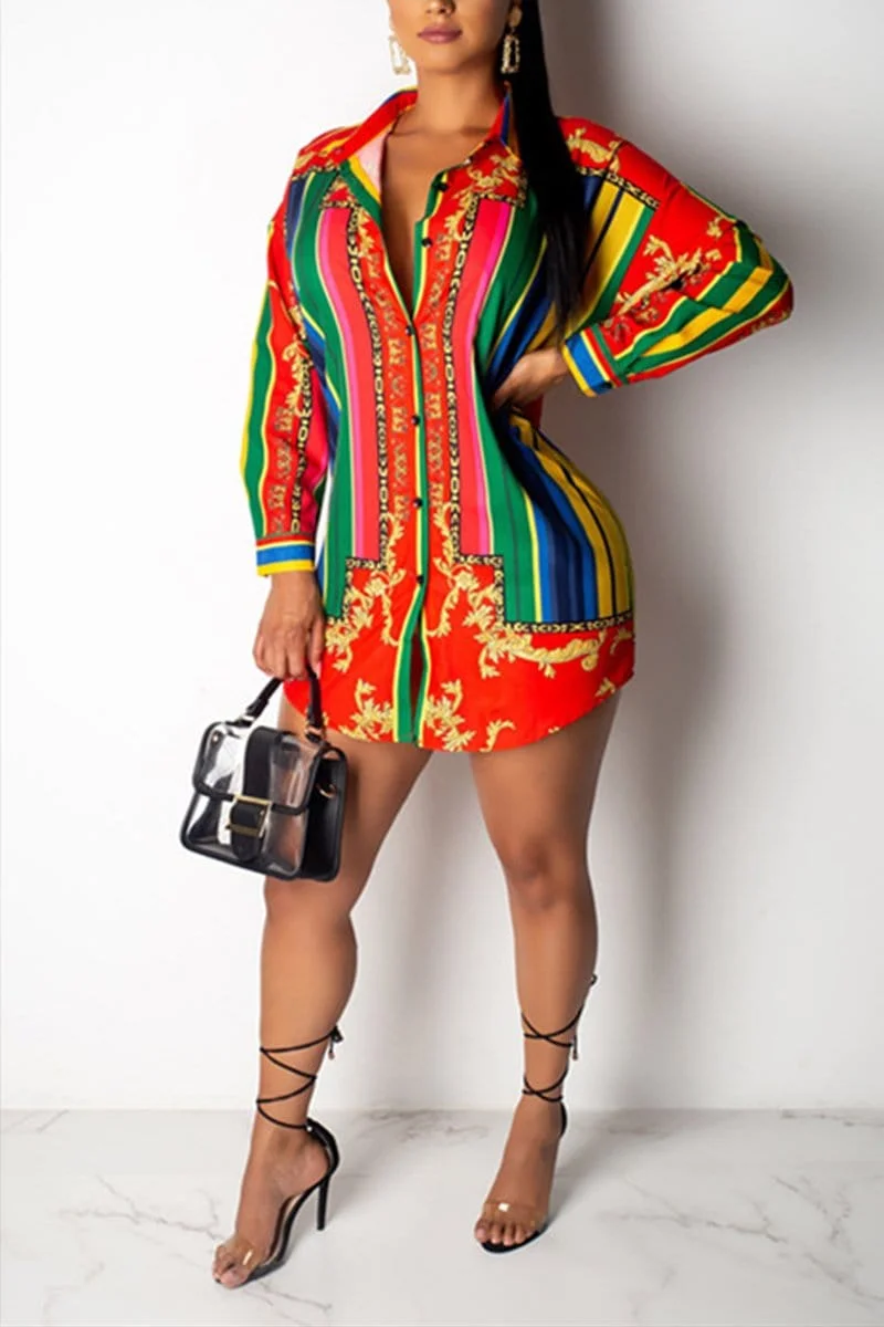 Fashion Striped Printing Long Sleeve Shirt Dress