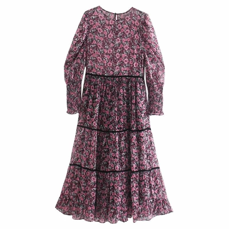 Women Floral Printing Chiffon Tiered Ruffle Midi Dress Female O Neck Puff Sleeve Loose Clothes Casual Lady Vestido D6695