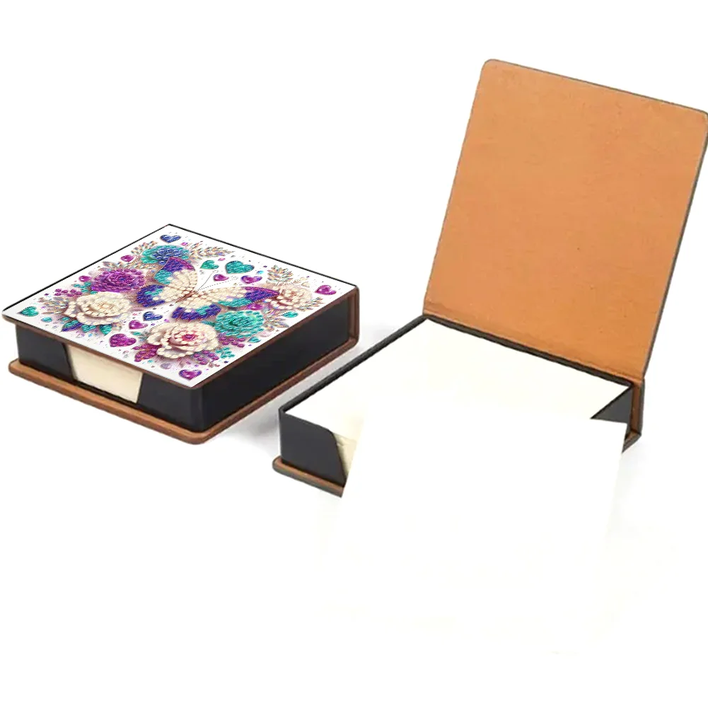 DIY Flower Butterfly Leather Diamond Art Note Box with 160 Sheets of Paper for Beginners