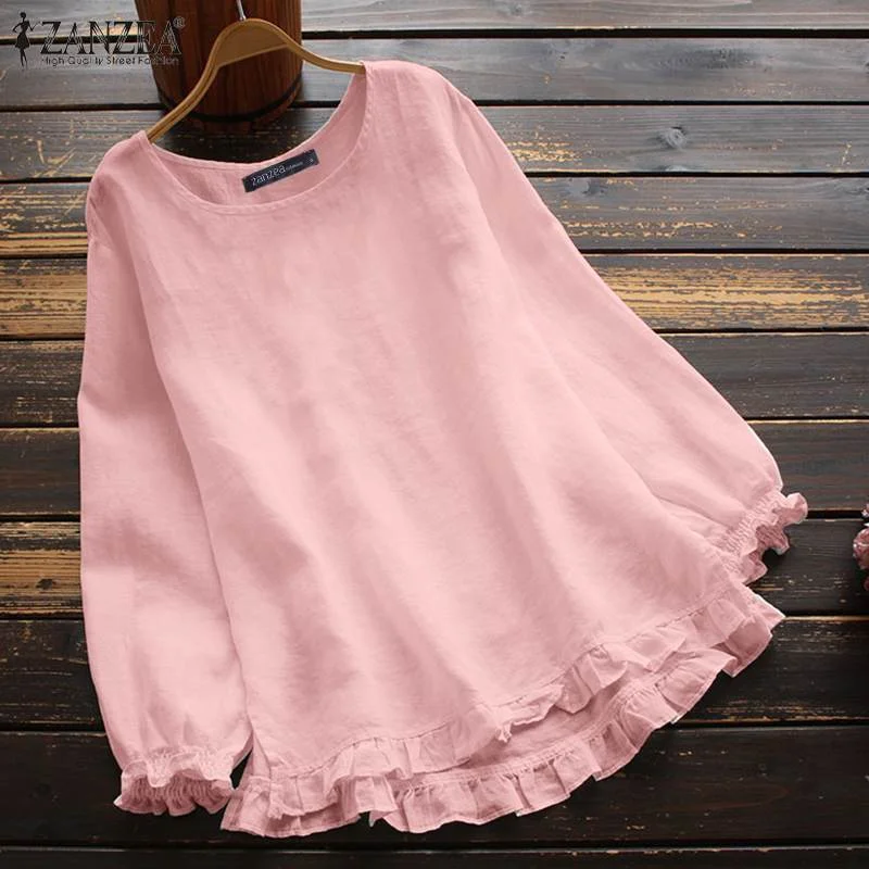 ZANZEA Spring Women Blouse O Neck Long Sleeve Tops Vintage Casual Ruffles Shirt Solid Color Blusas Loose Chemise Tunic Mujer