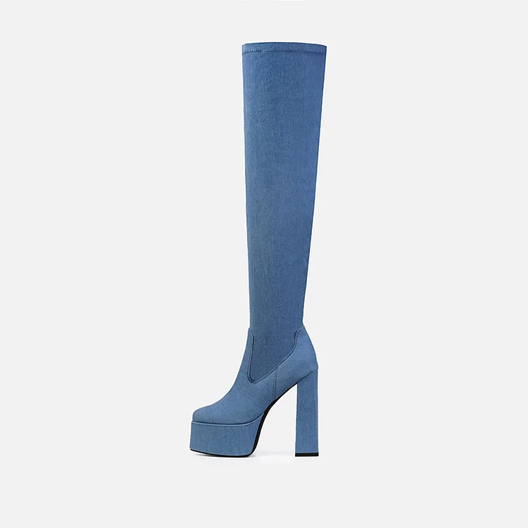 Blue Custom Made Platform High Chunky Heel Over Knee Denim Boots |FSJ Shoes