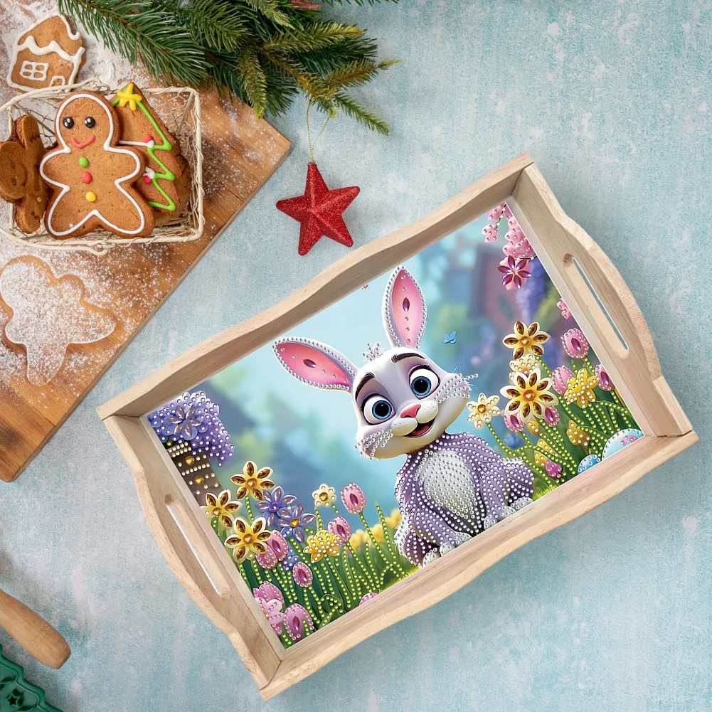Wooden Garden Rabbit 5D DIY Diamond Painting Serving Tray for Home Decor