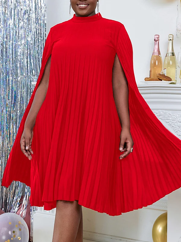 Hollow Pleated Solid Color Loose Plus Size Mock Neck Midi Dresses