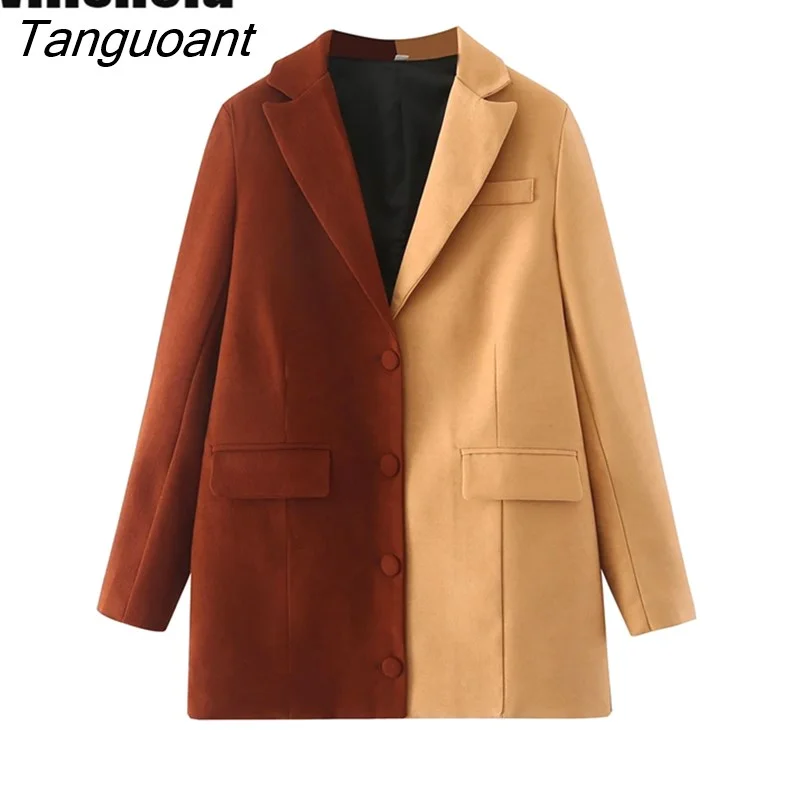 Tanguoant Women Fashion With Pockets Single Breasted Printed Blazer Notched Neck Long Sleeve Vintage Female Coats Chic Tops