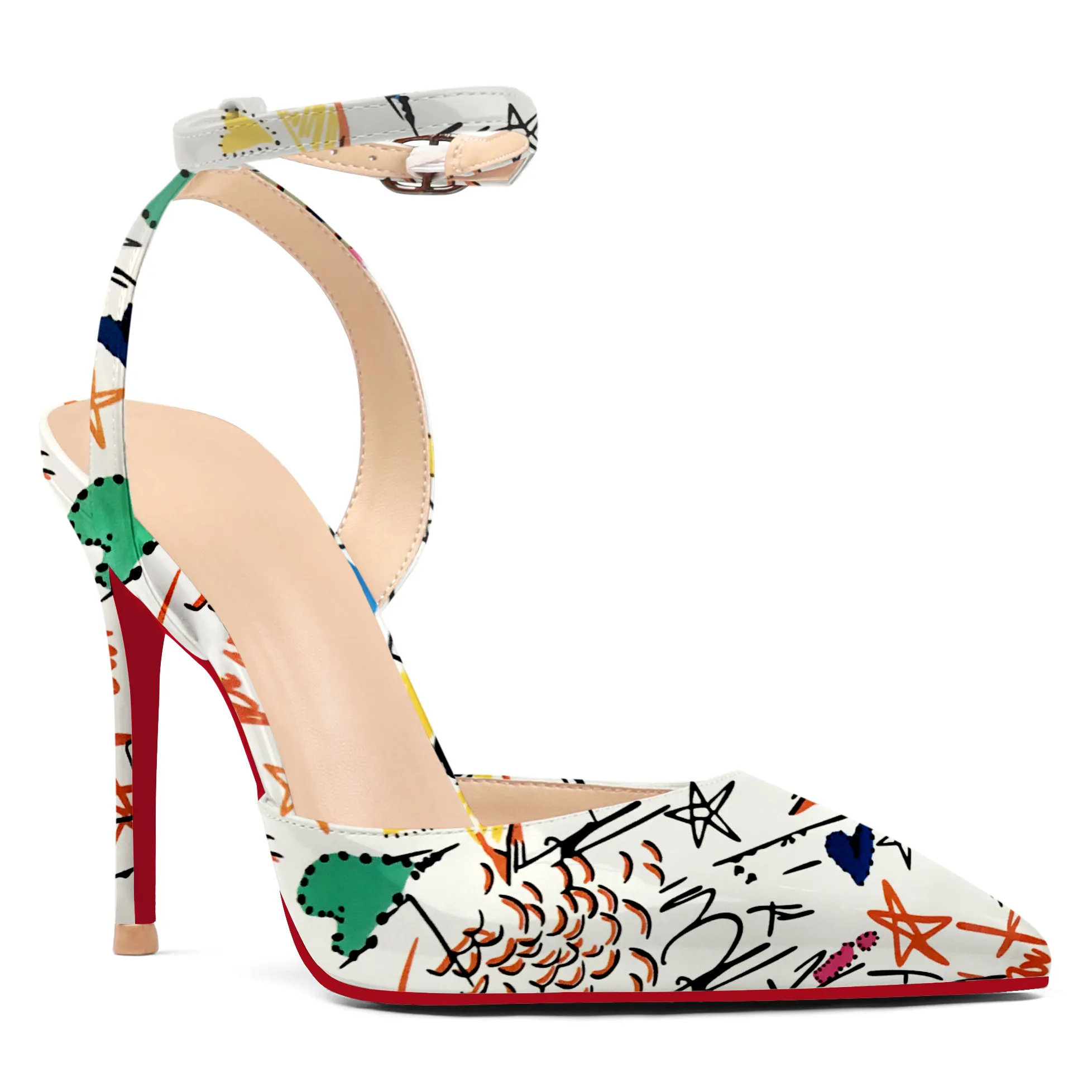 Women's Pointed Toe Fashion Graffiti Print Design Red Bottom Pump Heels-vocosishoes